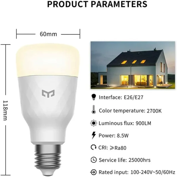 Brightness: The bulb has a maximum brightness of 900lm, which is equivalent to the brightness of a traditional 60W incandescent bulb. Color temperature: The lamp can produce light up to 2700 K (warm white light). Energy Efficient: The light bulb uses only 8 watts, making it very energy efficient and reduces energy bills. Compatibility: The light bulb can be controlled by the Yeelight App and MiHome on Android and iOS devices. It is also compatible with Amazon Alexa, Google Assistant, Yandex Alice, which provides the ability to use voice control. There is the possibility of synchronizing several lamps and further group control. Wi-Fi: The bulb connects to your home Wi-Fi network, allowing you to control it remotely and set up automation scenarios. Lighting Styles: Bulb brightness can be changed from 1% to 100%, allowing you to set the perfect lighting for the right atmosphere. Long Life: The light bulb has a lifespan of approximately 25,000 hours, which means it can last for several years before it needs to be replaced. Easy installation: The light bulb supports installation in a classic E27 base. Modes: The lamp is capable of reproducing various shades of white light, which allows you to choose the ideal brightness and color temperature according to your needs.